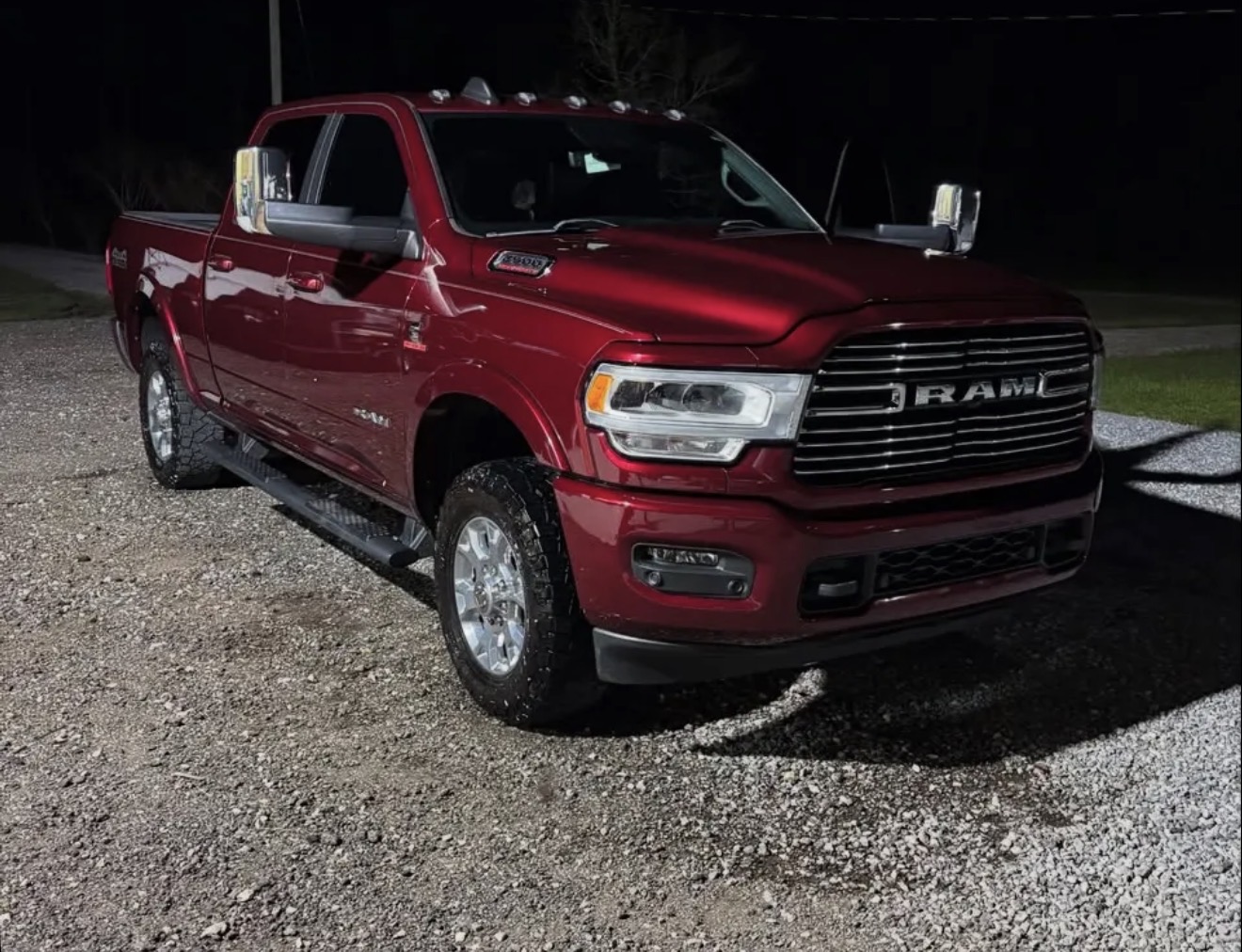 Detailed red Ram pickup at night
